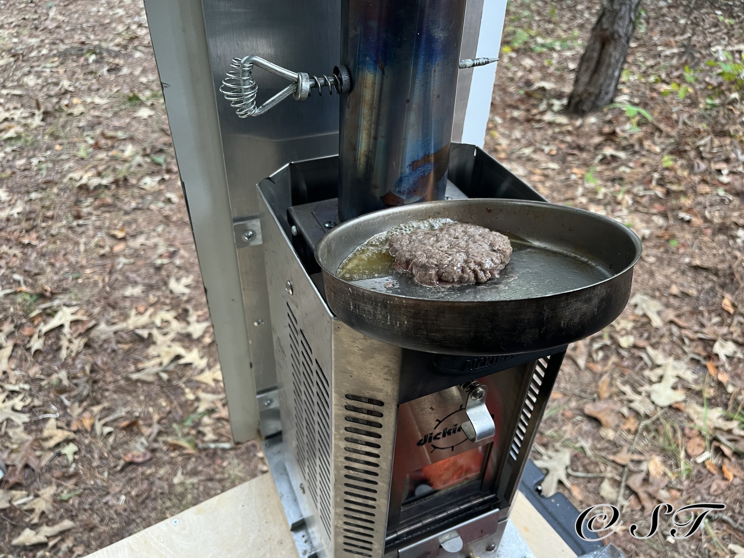 Burger on wood stove